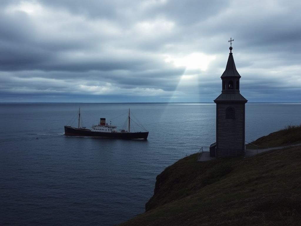 Flick International Somber scene of Lake Superior with a silhouette of a sunken freighter