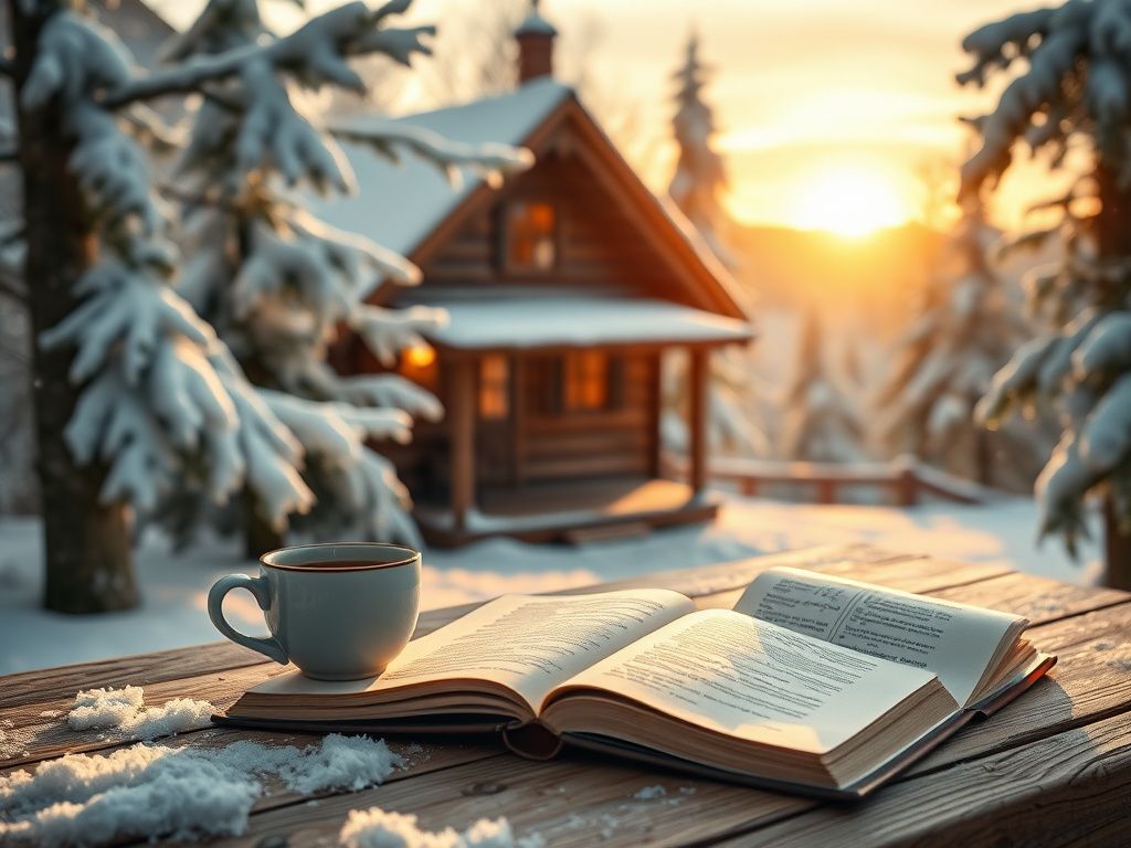 Flick International Cozy winter cabin scene surrounded by snow-covered trees