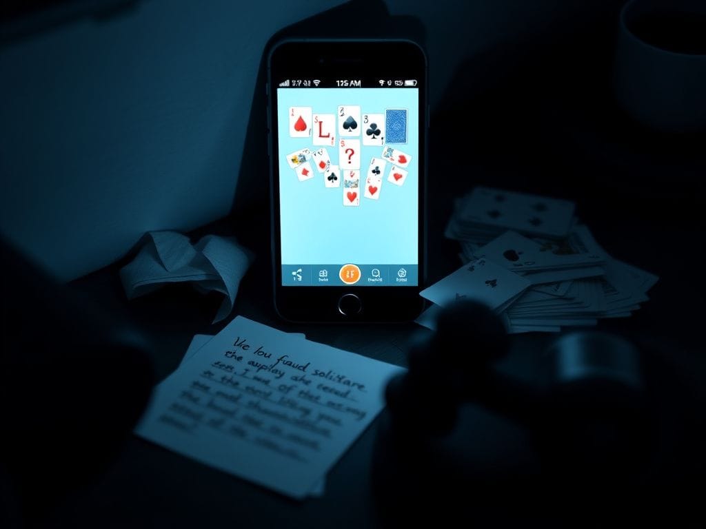 Flick International A cluttered desk with a smartphone displaying a solitaire app, surrounded by playing cards and a crumpled apology note, evoking a sense of embarrassment.