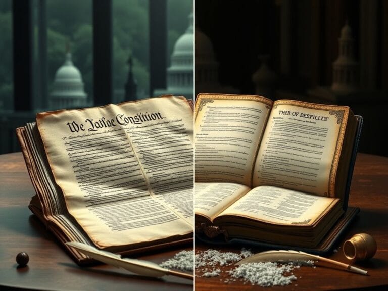 Flick International Split image showing the U.S. Constitution and a Bible open on a table with modern symbols reflected in the background
