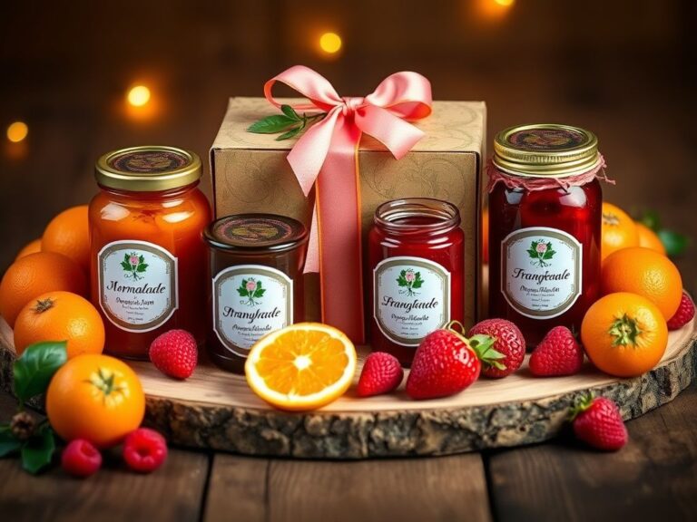 Flick International A beautifully arranged gift box set of Meghan Markle’s homemade jams on a rustic wooden table.