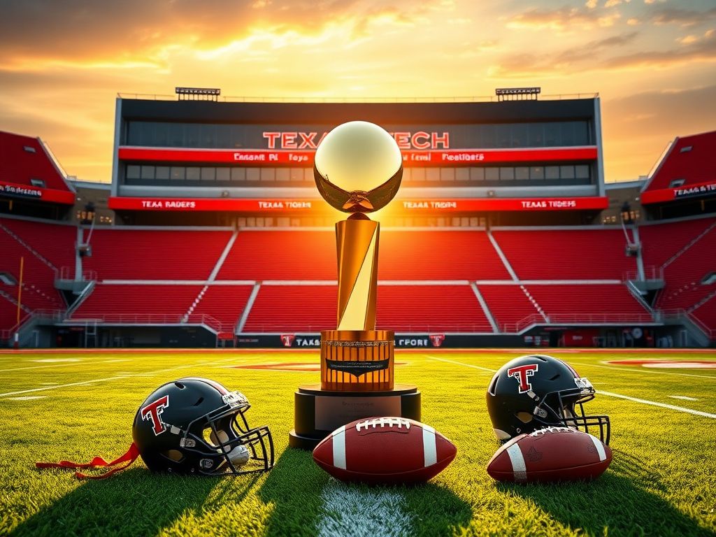 Flick International Oversized Heisman Trophy on a football field with Texas Tech Red Raiders colors in the background