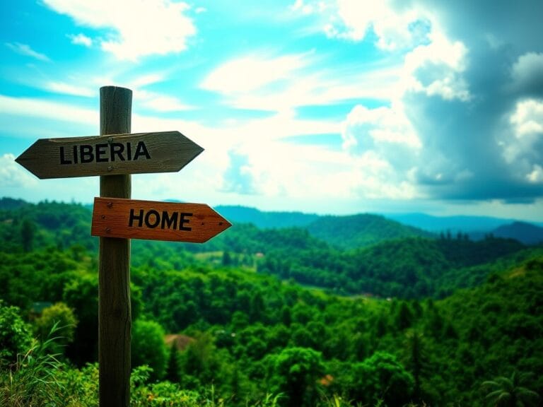 Flick International Scenic landscape of Liberia with vibrant greenery and a rustic signpost symbolizing immigration