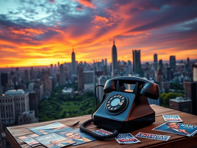 Flick International A vibrant cityscape of New York City at sunset with a vintage rotary telephone symbolizing an important call