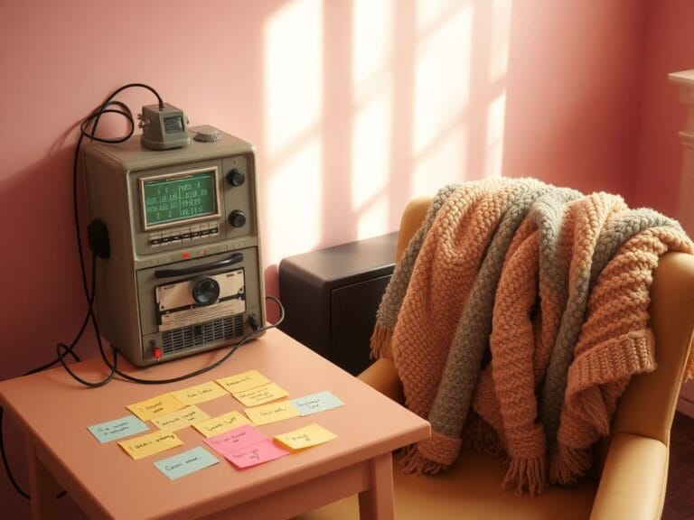 Flick International A vintage-style lie detector machine in a cozy room with pastel-colored walls