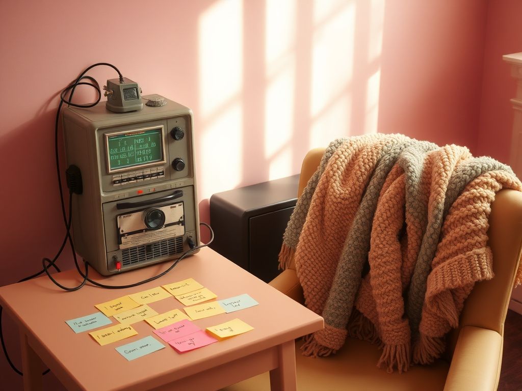Flick International A vintage-style lie detector machine in a cozy room with pastel-colored walls