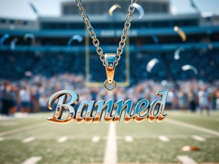 Flick International Close-up of Jordon Hudson's necklace with the word 'Banned' against the backdrop of UNC colors