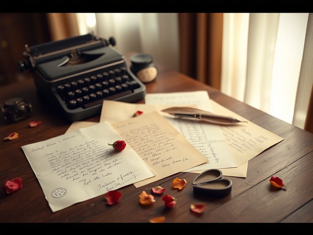 Flick International Vintage-style image of love letters on a wooden table with old-fashioned stationery and a quill pen