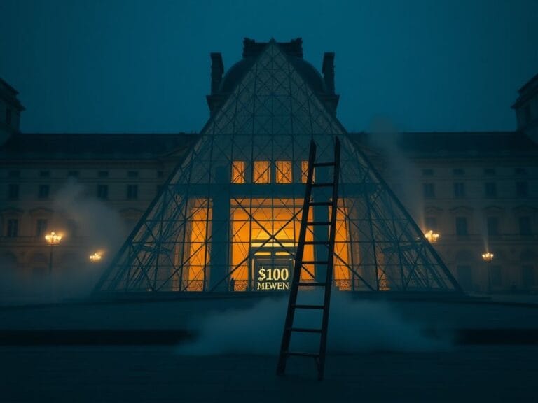 Flick International Exterior view of the Louvre Museum at night with glass pyramid illuminated