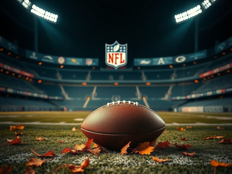 Flick International A dimly lit NFL stadium with empty stands and a classic NFL football resting on the ground