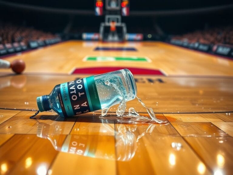 Flick International Toronto Raptors player spiking a water bottle onto the hardwood floor during a tense game moment