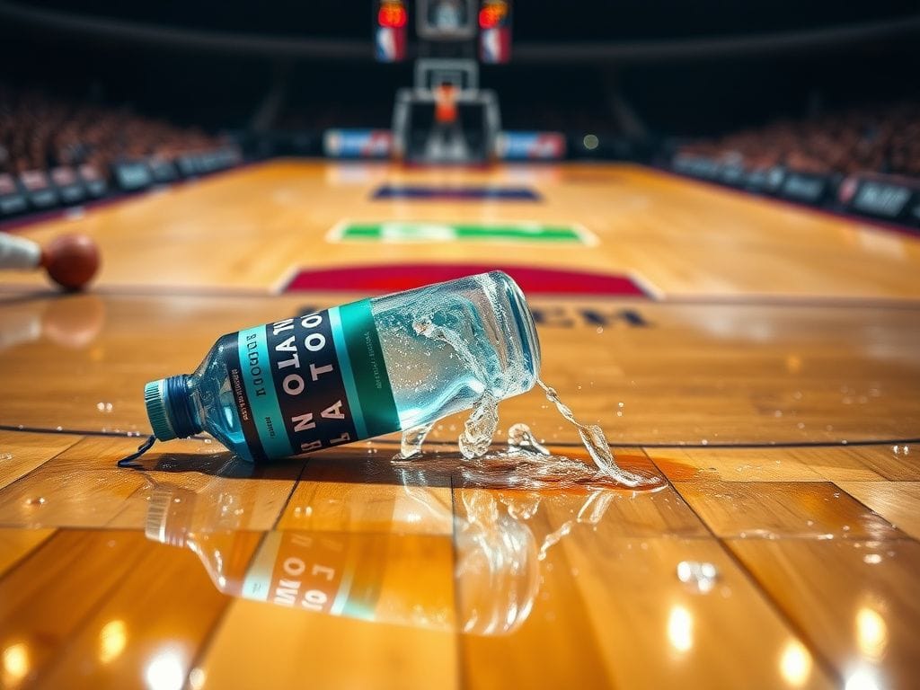 Flick International Toronto Raptors player spiking a water bottle onto the hardwood floor during a tense game moment