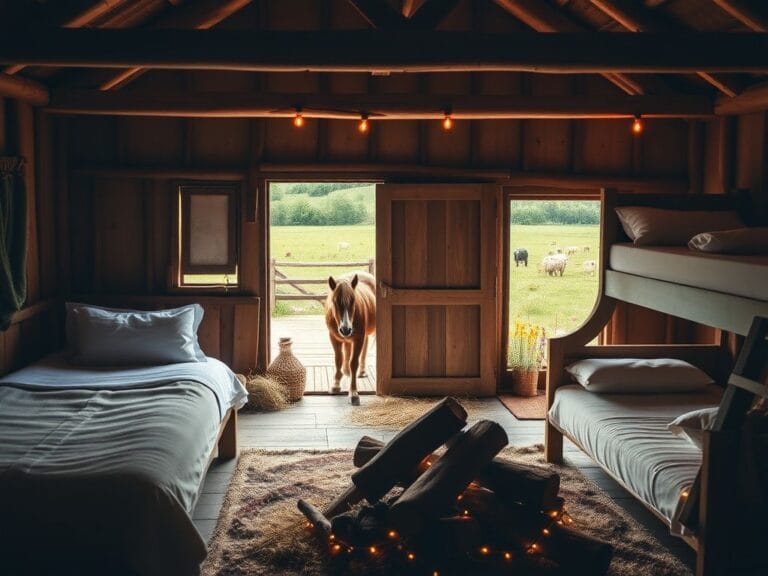 Flick International Cozy barn interior featuring a miniature Shetland pony named Basil munching on hay