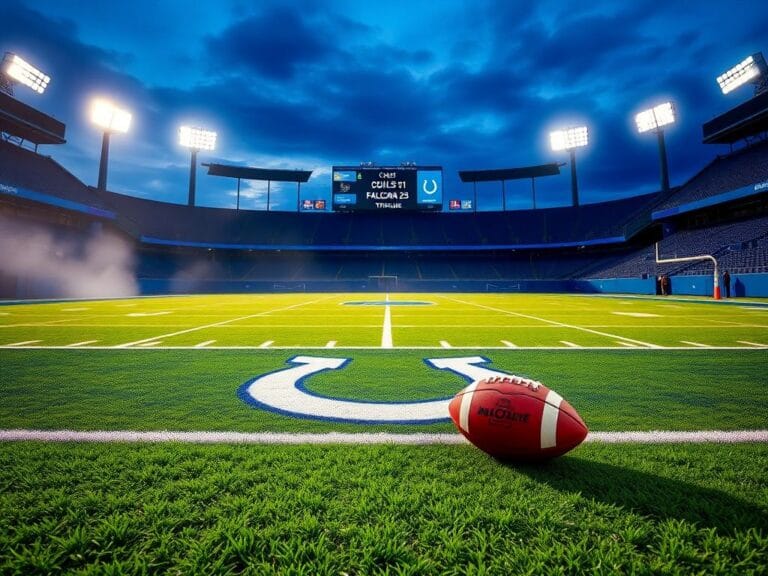Flick International Dramatic NFL football field in Berlin illuminated during twilight