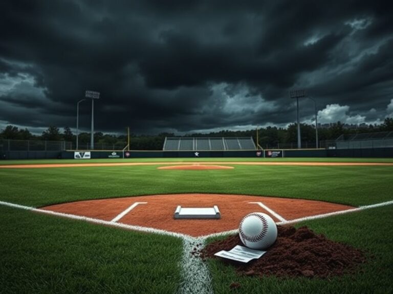 Flick International baseball field under stormy clouds with empty dugout and betting slip