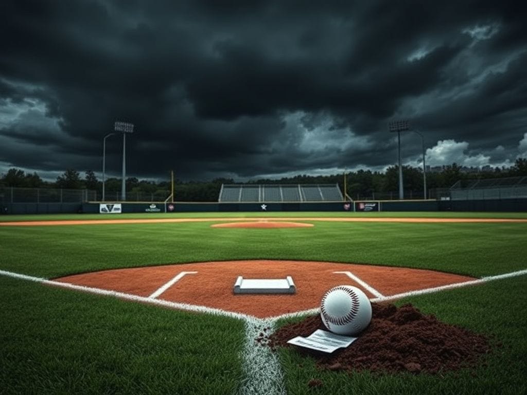 Flick International baseball field under stormy clouds with empty dugout and betting slip
