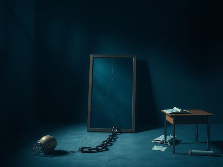 Flick International A dimly lit room representing the masculinity crisis with broken chains and a cracked mirror
