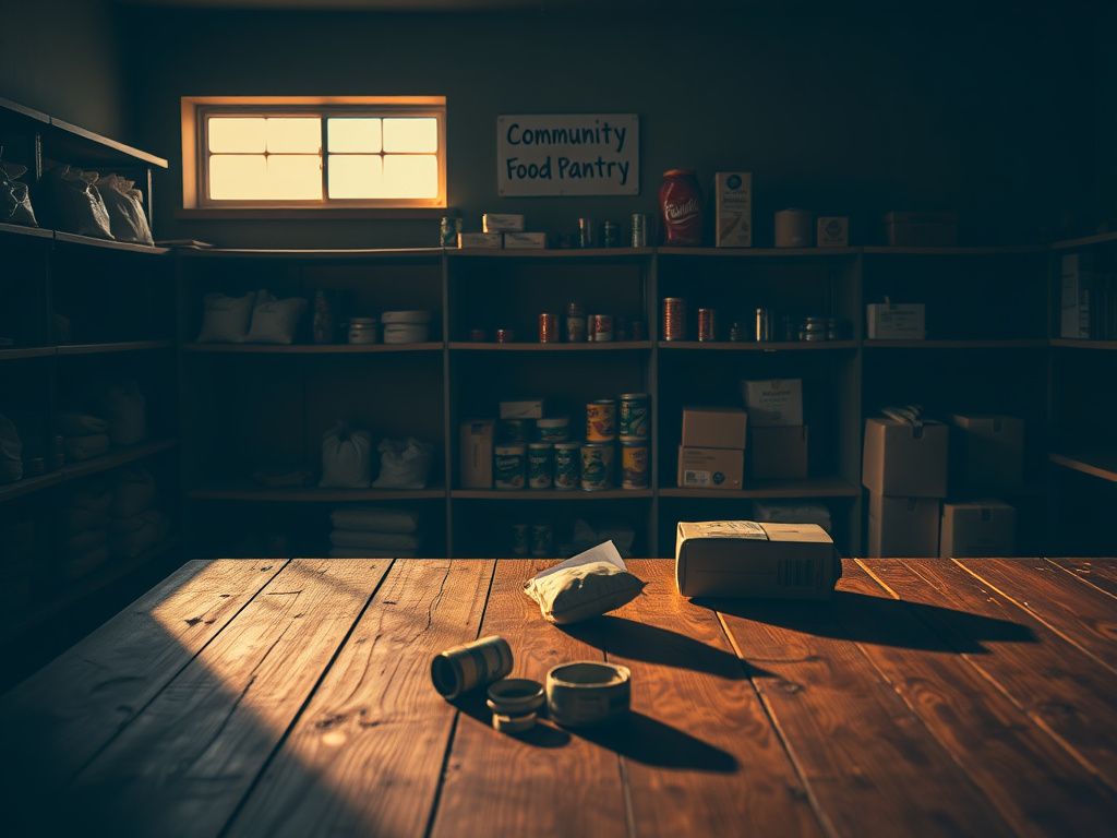 Flick International Dimly lit food pantry interior with empty shelves and scattered food items on a wooden table