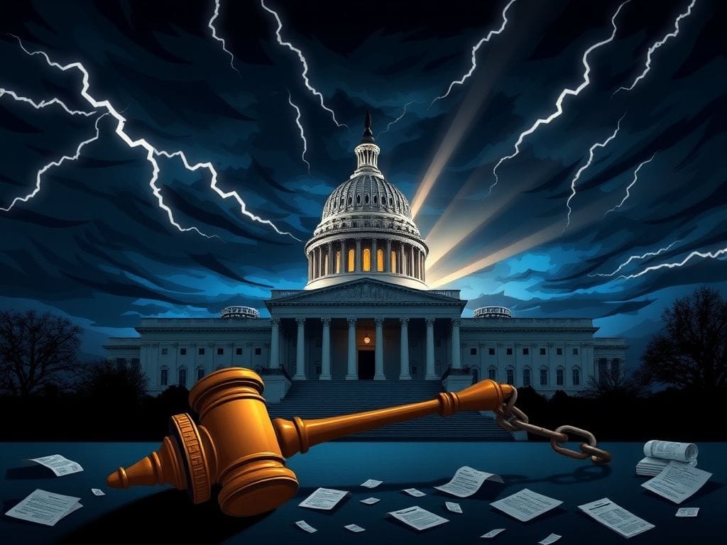 Flick International A dramatic depiction of the U.S. Capitol building at twilight with a cracked gavel symbolizing legislative struggle.