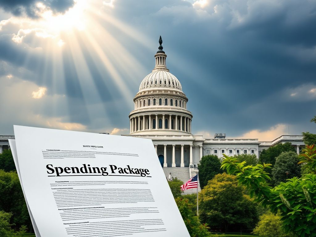 Flick International Grand U.S. Capitol building with a partially opened document labeled 'Spending Package' in the foreground
