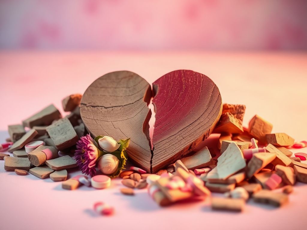 Flick International A broken heart surrounded by colorful Band-Aids and wood fragments symbolizing healing and emotional struggle