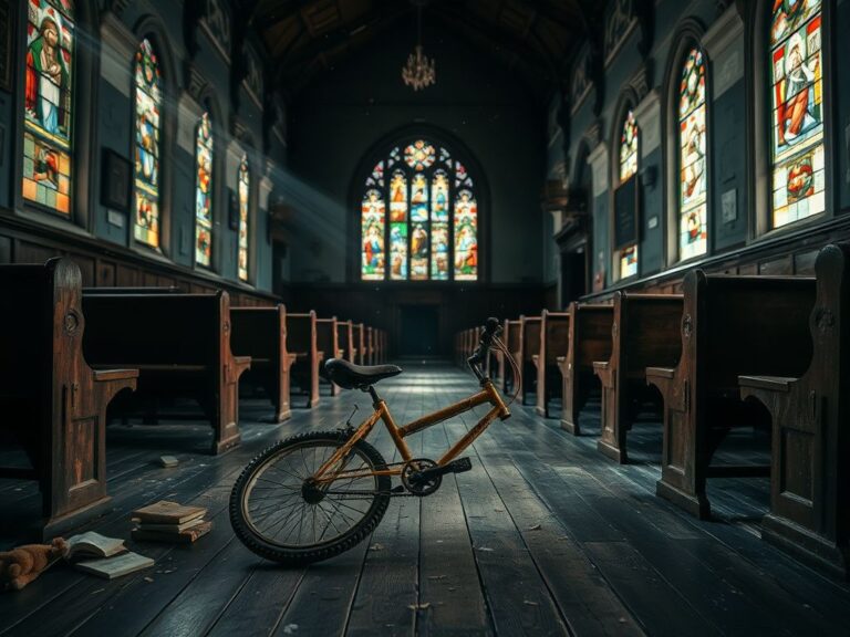 Flick International Interior of an abandoned church with a child's bicycle in the foreground