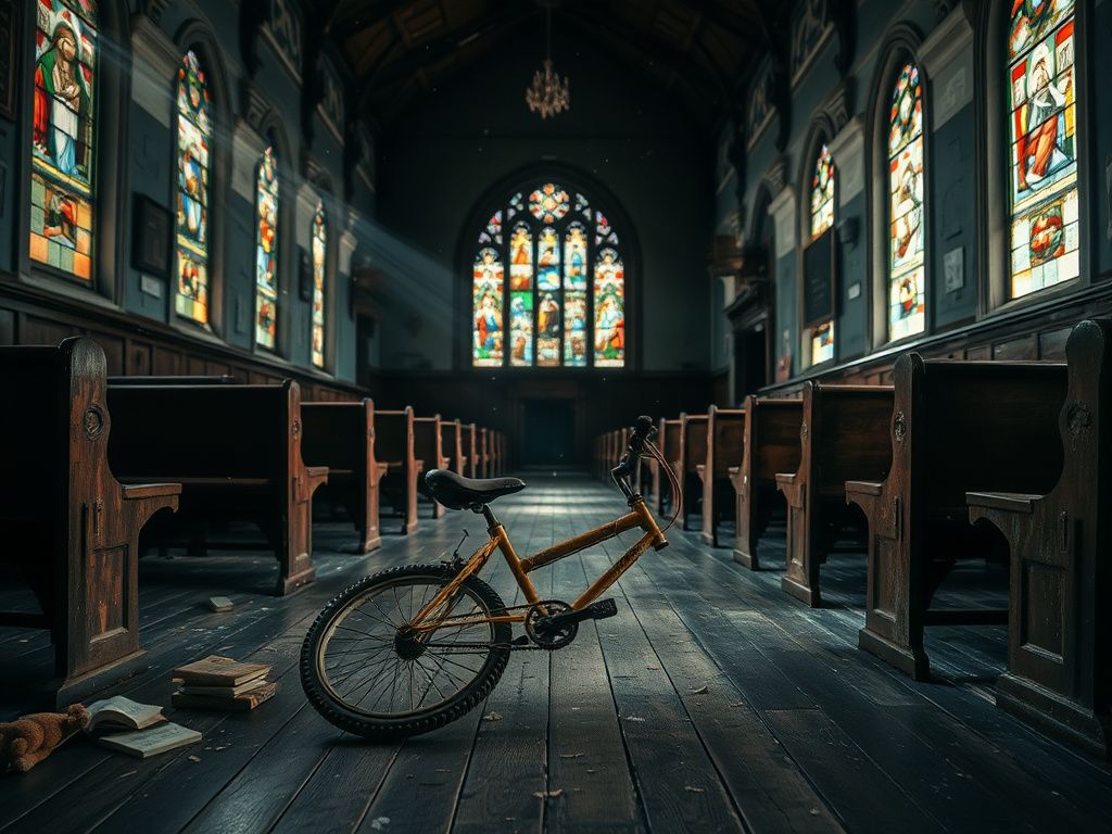 Flick International Interior of an abandoned church with a child's bicycle in the foreground