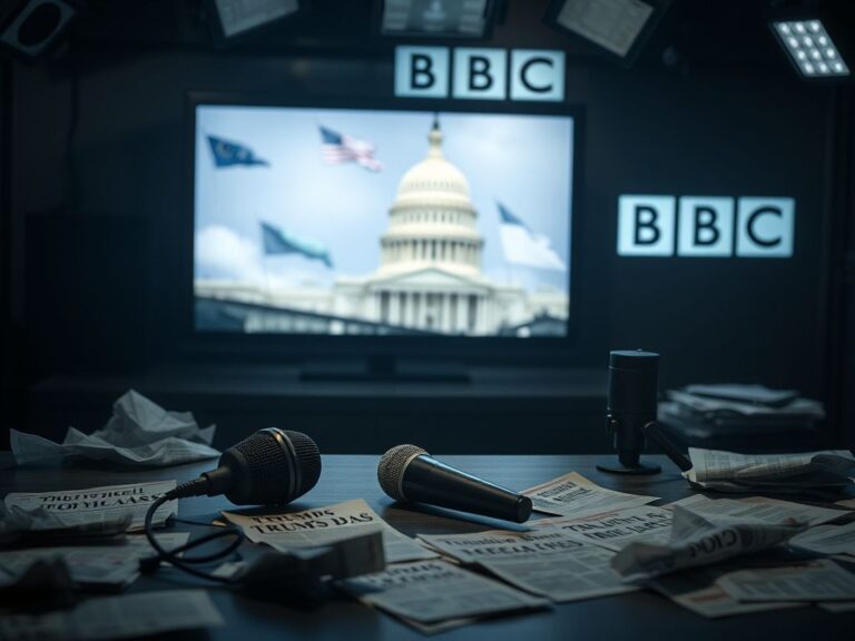 Flick International Dimly lit BBC newsroom with vintage television showing blurred image of U.S. Capitol