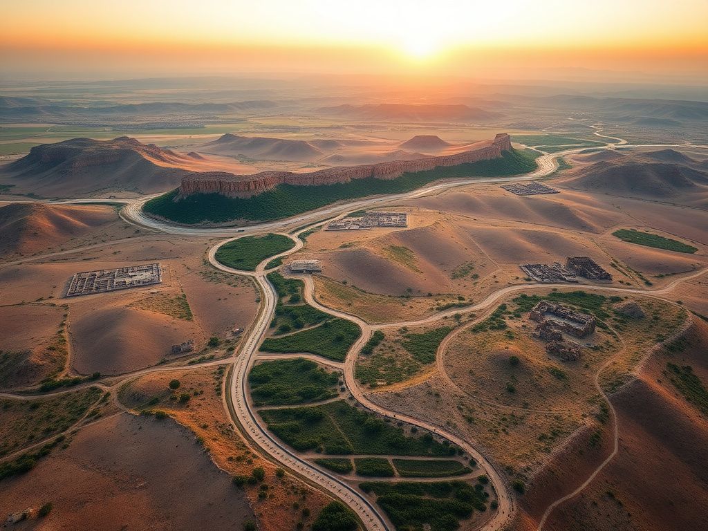 Flick International Aerial view of an ancient Roman road network winding through diverse landscapes