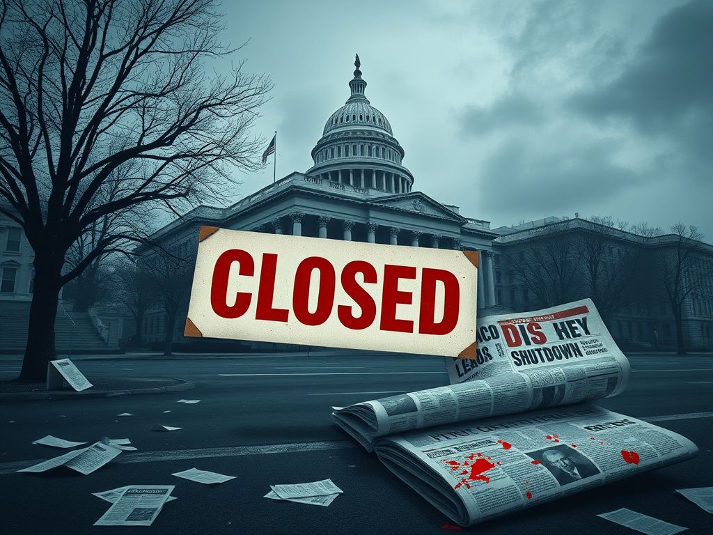 Flick International Symbolic representation of a government shutdown with a 'Closed' sign on a weathered building