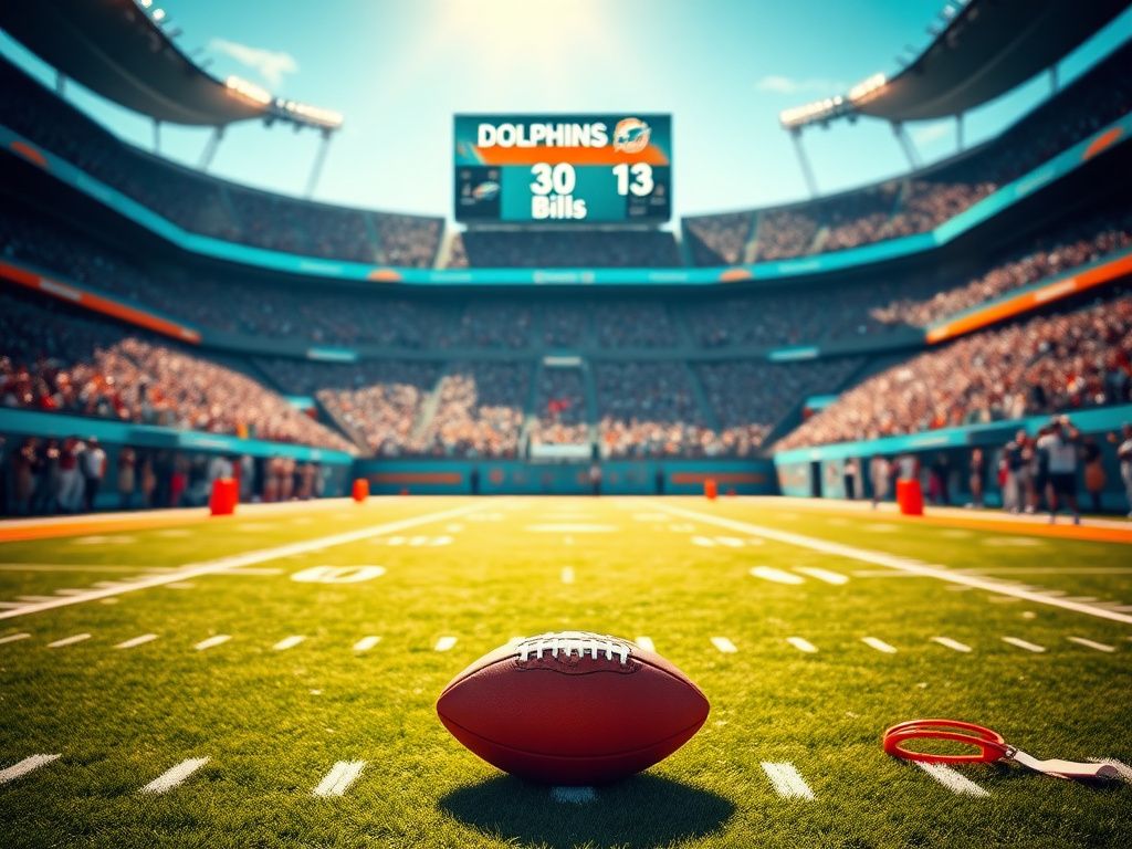 Flick International A football resting on the grass field during a Miami Dolphins game against the Buffalo Bills