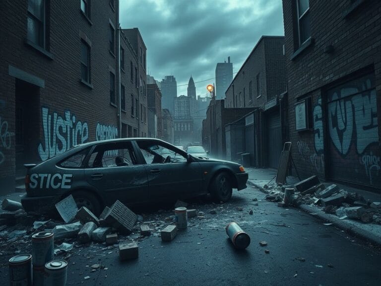 Flick International Aftermath of chaotic confrontation with a shattered vehicle and debris in a Chicago alleyway