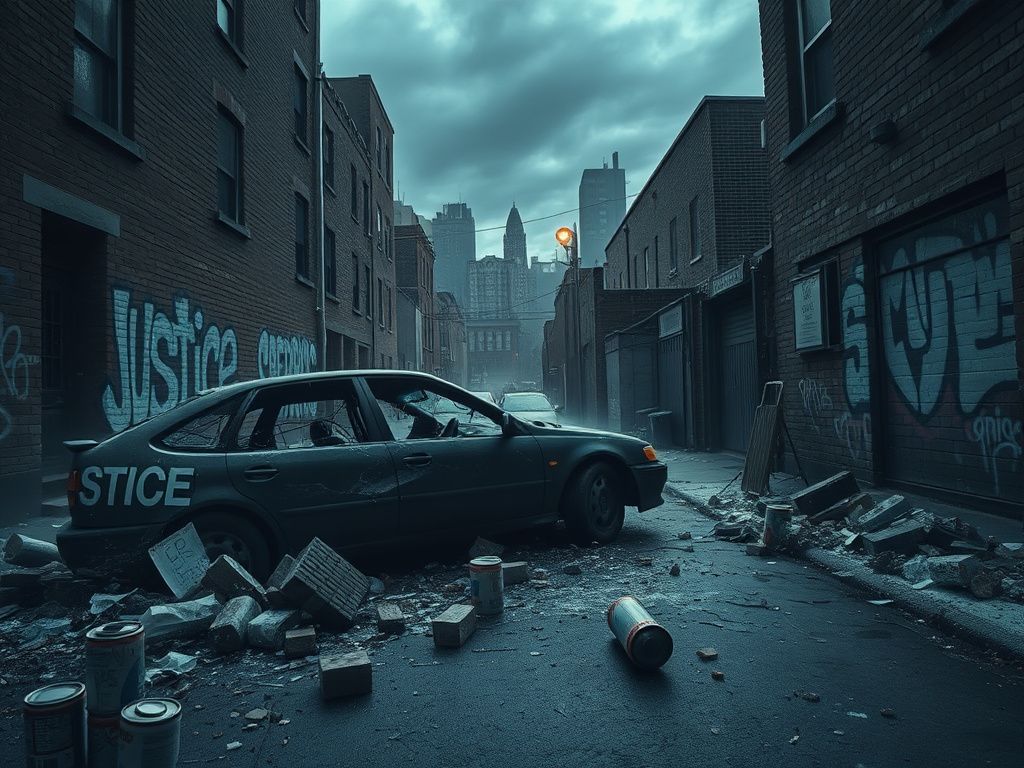 Flick International Aftermath of chaotic confrontation with a shattered vehicle and debris in a Chicago alleyway