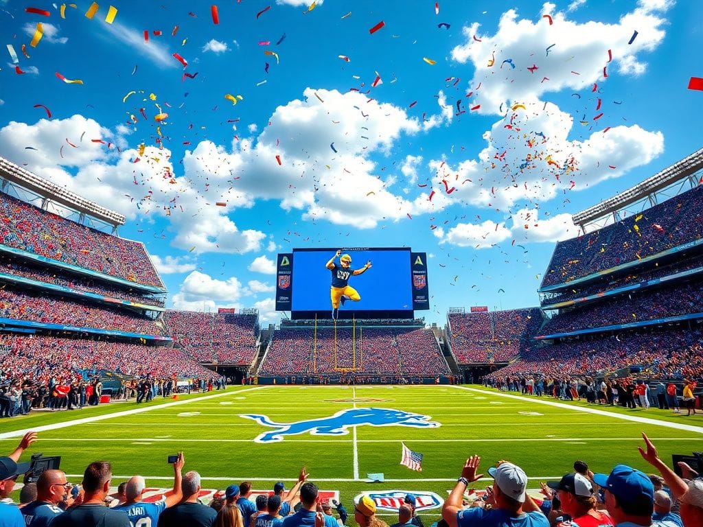 Flick International Vibrant football stadium filled with excitement during a touchdown celebration with Detroit Lions logo on the turf