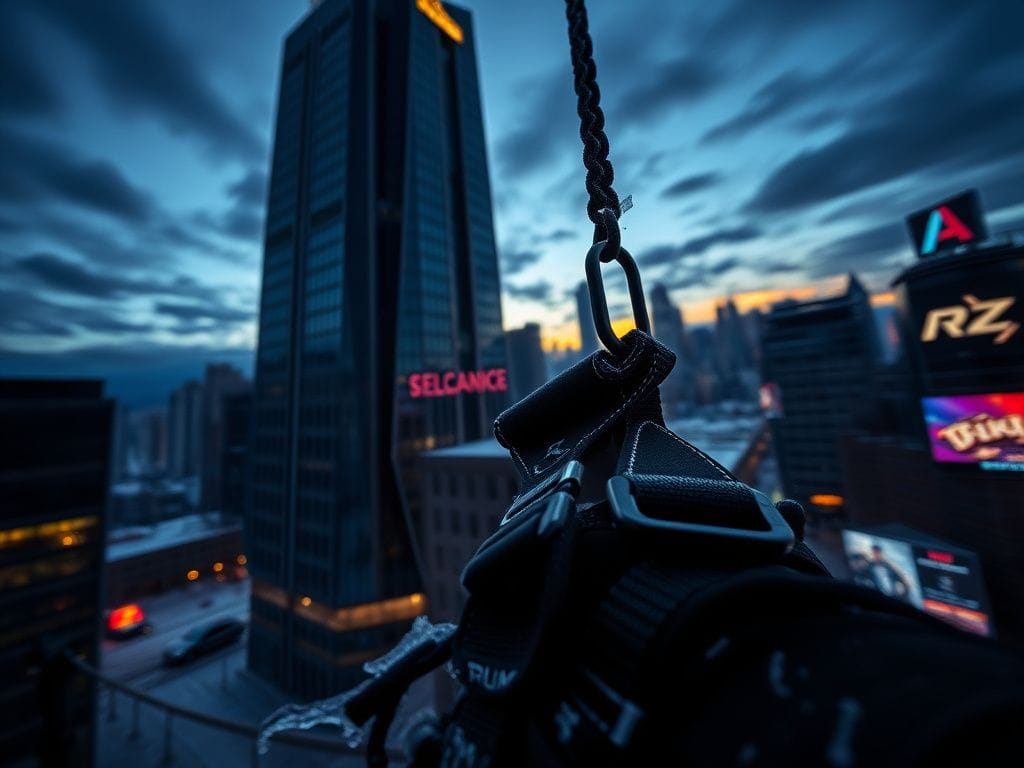 Flick International Close-up of harness and safety gear in an urban dusk setting
