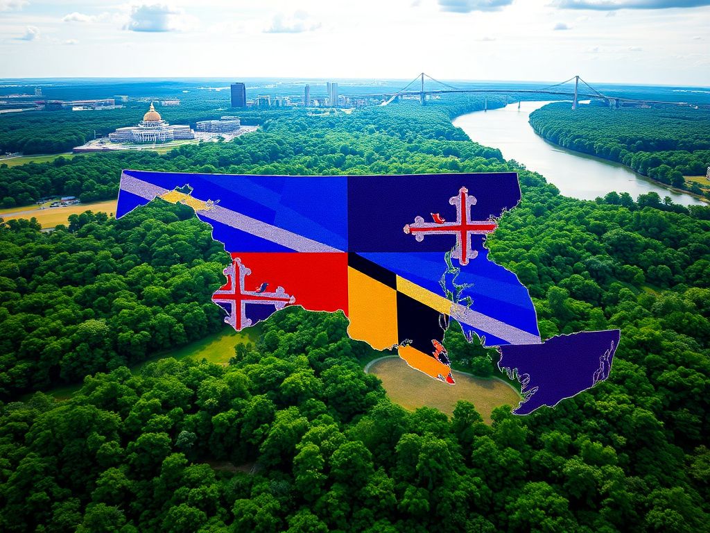 Flick International Aerial view of Maryland's vibrant landscape with congressional districts illustrated in various colors