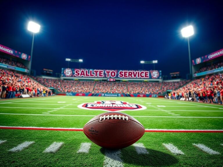 Flick International Vibrant nighttime football stadium with Washington Commanders logo and football on 9-yard line