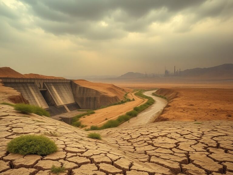 Flick International A parched Iranian landscape with cracked earth and a dried-up riverbed under a brooding sky