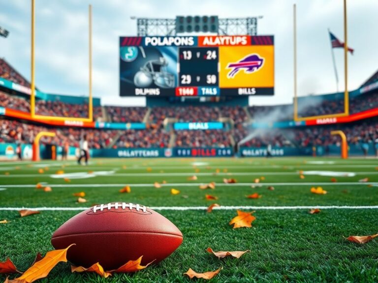 Flick International A vibrant NFL football stadium scene depicting an autumn game with colorful team banners and a football resting on fallen leaves.