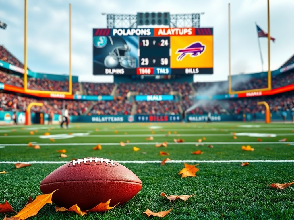 Flick International A vibrant NFL football stadium scene depicting an autumn game with colorful team banners and a football resting on fallen leaves.