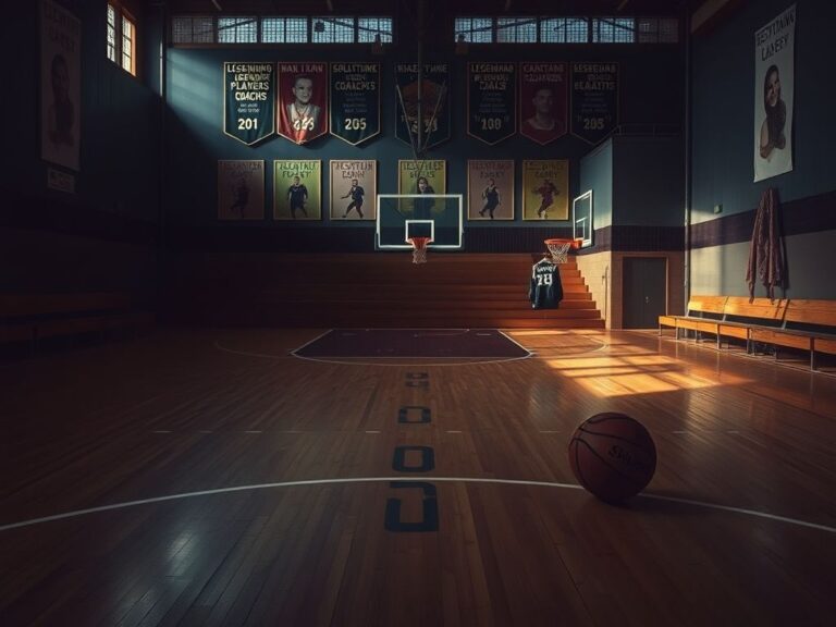 Flick International Dimly-lit basketball court with iconic wooden floor and empty hoop