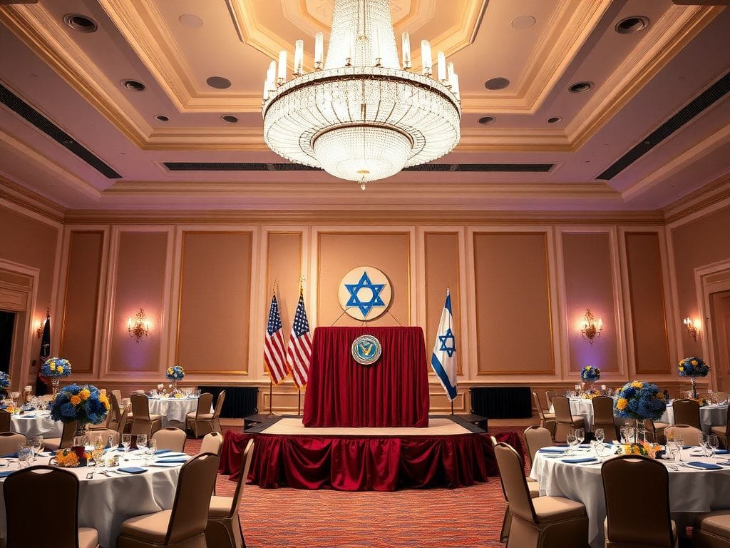 Flick International A grand ballroom with a crystal chandelier and floral centerpieces for a political event