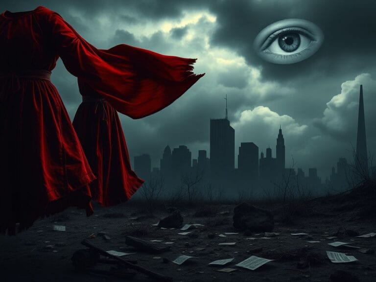 Flick International A dark, moody landscape with tattered red garments resembling handmaid's attire in a dystopian setting.