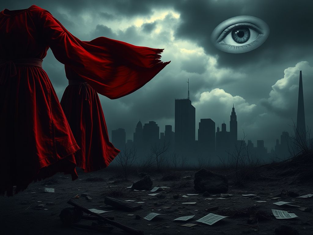 Flick International A dark, moody landscape with tattered red garments resembling handmaid's attire in a dystopian setting.