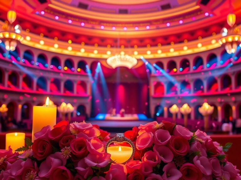 Flick International Heart-shaped arrangement of flowers and candles in a vibrant Las Vegas show setting