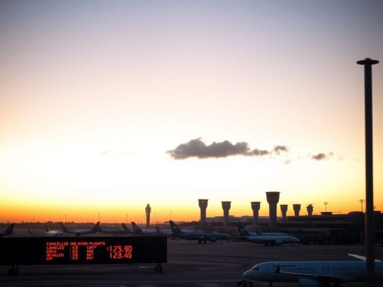 Flick International A busy airport runway at dawn with airliners and a display showing flight disruptions