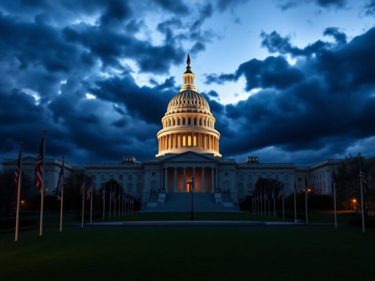 Flick International Dramatic view of the U.S. Capitol building at dusk with clouds and sunlight