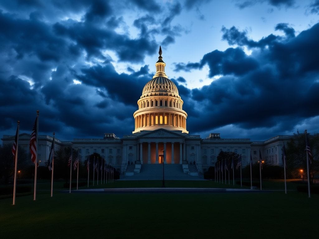 Flick International Dramatic view of the U.S. Capitol building at dusk with clouds and sunlight