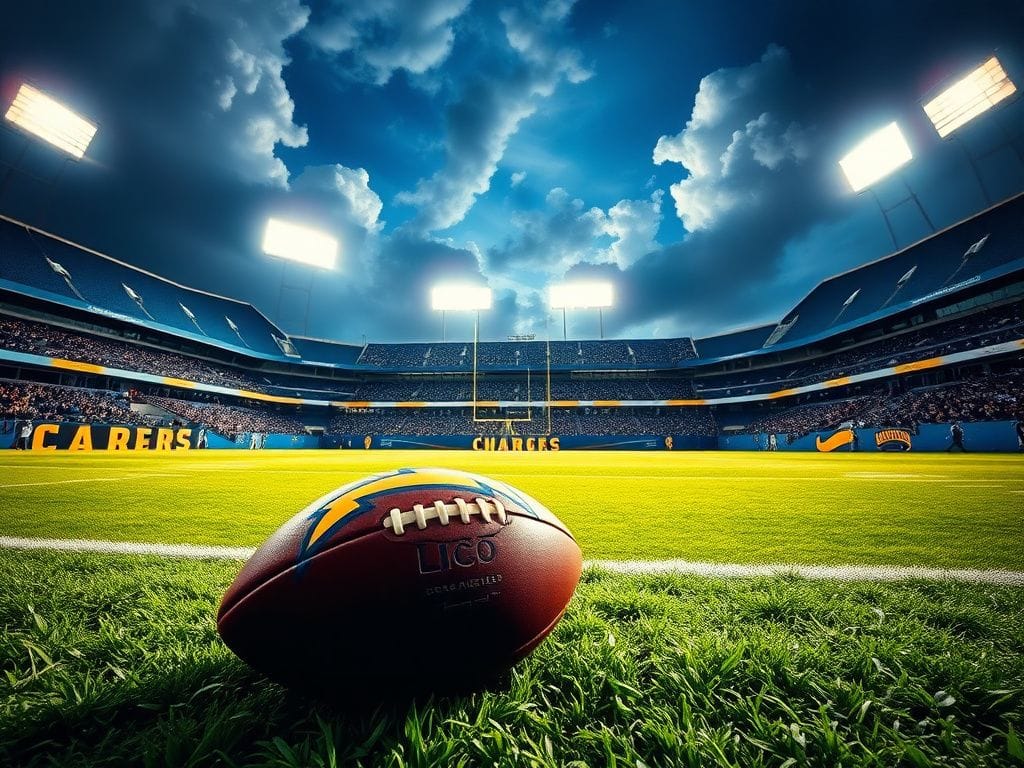 Flick International Los Angeles Chargers player in blue and gold uniform against Pittsburgh Steelers during night game