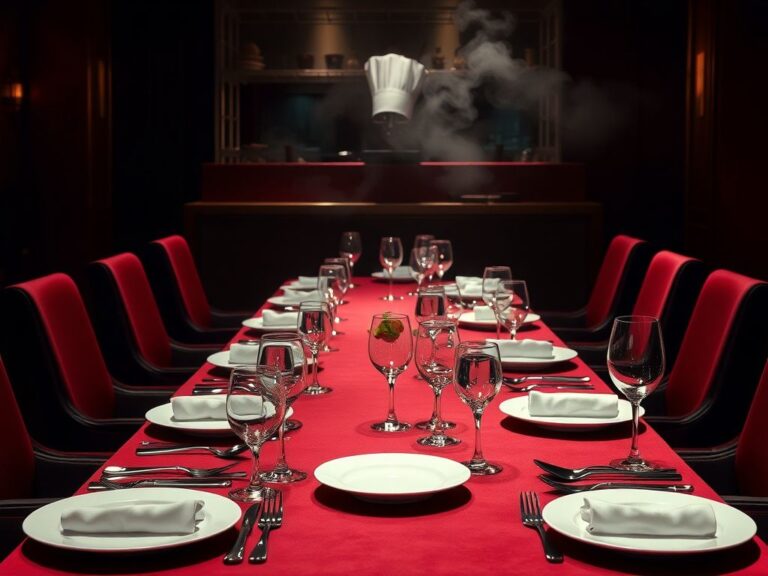 Flick International Dramatic dining setting with empty plates and elegant tableware highlighting dining critique